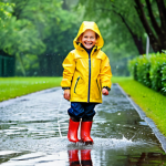 A cheerful young child, approximately 7 years old, joyfully splashing in a clean, shallow puddle on a paved park path after a light rain. The child is wearing a vibrant yellow, highly functional waterproof and breathable jacket with a well-fitting hood, full-length waterproof navy blue trousers, and sturdy red rain boots. The background features lush green trees and a serene, diffused sky, indicating a pleasant, post-rain atmosphere. The scene is captured with professional outdoor photography, bright natural light, crisp detail, and vibrant, true-to-life colors. Perfect anatomy, correct proportions, natural pose, well-formed hands, proper finger count, natural body proportions, safe for work, appropriate content, fully clothed, modest clothing, family-friendly.