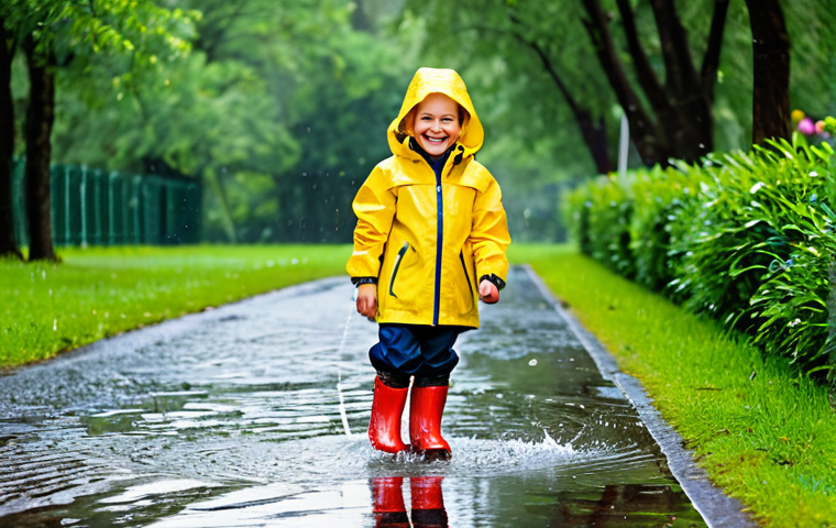 A cheerful young child, approximately 7 years old, joyfully splashing in a clean, shallow puddle on a paved park path after a light rain. The child is wearing a vibrant yellow, highly functional waterproof and breathable jacket with a well-fitting hood, full-length waterproof navy blue trousers, and sturdy red rain boots. The background features lush green trees and a serene, diffused sky, indicating a pleasant, post-rain atmosphere. The scene is captured with professional outdoor photography, bright natural light, crisp detail, and vibrant, true-to-life colors. Perfect anatomy, correct proportions, natural pose, well-formed hands, proper finger count, natural body proportions, safe for work, appropriate content, fully clothed, modest clothing, family-friendly.