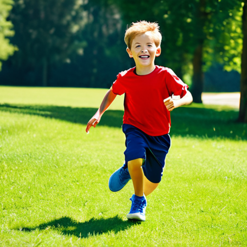 A cheerful young boy, approximately 5 years old, fully clothed in comfortable, athletic playwear, joyfully running and jumping in a sunlit park. His lightweight and flexible sneakers, designed for active children, allow for natural foot movement and provide excellent support. The background features lush green grass and distant trees under a clear blue sky. Perfect anatomy, correct proportions, natural pose, well-formed hands, proper finger count, natural body proportions, professional photography, high quality, vibrant colors, bright natural lighting, safe for work, appropriate content, family-friendly.