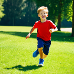 A cheerful young boy, approximately 5 years old, fully clothed in comfortable, athletic playwear, joyfully running and jumping in a sunlit park. His lightweight and flexible sneakers, designed for active children, allow for natural foot movement and provide excellent support. The background features lush green grass and distant trees under a clear blue sky. Perfect anatomy, correct proportions, natural pose, well-formed hands, proper finger count, natural body proportions, professional photography, high quality, vibrant colors, bright natural lighting, safe for work, appropriate content, family-friendly.