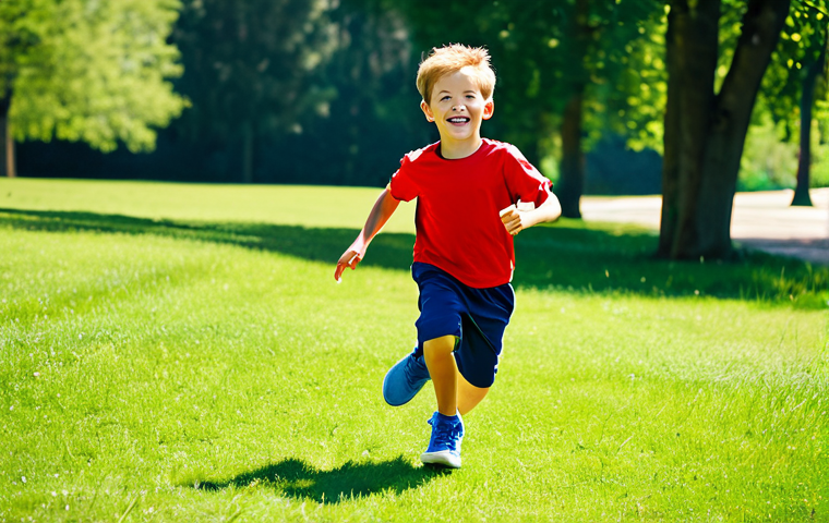 A cheerful young boy, approximately 5 years old, fully clothed in comfortable, athletic playwear, joyfully running and jumping in a sunlit park. His lightweight and flexible sneakers, designed for active children, allow for natural foot movement and provide excellent support. The background features lush green grass and distant trees under a clear blue sky. Perfect anatomy, correct proportions, natural pose, well-formed hands, proper finger count, natural body proportions, professional photography, high quality, vibrant colors, bright natural lighting, safe for work, appropriate content, family-friendly.