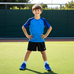 A dynamic young boy, mid-action on a bright, modern sports field, wearing advanced, high-performance kids' sportswear. His outfit consists of a vivid blue quick-drying jersey and black athletic shorts, showcasing the lightweight, breathable fabric that allows for full range of motion. The design emphasizes natural body proportions and a comfortable, second-skin fit. The sun shines on him, highlighting the texture of the fabric. Safe for work, appropriate content, fully clothed, modest clothing, appropriate attire, family-friendly, perfect anatomy, correct proportions, natural pose, well-formed hands, proper finger count, professional photography.