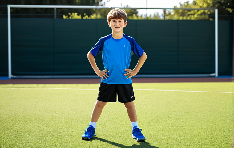 A dynamic young boy, mid-action on a bright, modern sports field, wearing advanced, high-performance kids' sportswear. His outfit consists of a vivid blue quick-drying jersey and black athletic shorts, showcasing the lightweight, breathable fabric that allows for full range of motion. The design emphasizes natural body proportions and a comfortable, second-skin fit. The sun shines on him, highlighting the texture of the fabric. Safe for work, appropriate content, fully clothed, modest clothing, appropriate attire, family-friendly, perfect anatomy, correct proportions, natural pose, well-formed hands, proper finger count, professional photography.