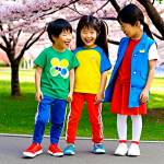 Benetton Kids - Colorful Playtime**

A group of diverse Japanese children (ages 4-8) playing happily in a park on a sunny day. They are all fully clothed in bright, colorful Benetton Kids outfits – think vibrant reds, yellows, and blues. Clothes are appropriate for active play: t-shirts, shorts, leggings, and comfortable sneakers. The background is a typical Japanese park with cherry blossom trees in bloom. Capture the joyful energy of childhood. "safe for work", "appropriate content", "fully clothed", "family-friendly", perfect anatomy, natural proportions, professional children's fashion photography, high quality, vibrant colors.

**