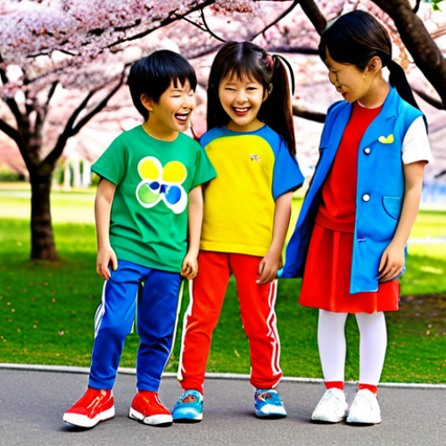 Benetton Kids - Colorful Playtime**

A group of diverse Japanese children (ages 4-8) playing happily in a park on a sunny day. They are all fully clothed in bright, colorful Benetton Kids outfits – think vibrant reds, yellows, and blues. Clothes are appropriate for active play: t-shirts, shorts, leggings, and comfortable sneakers. The background is a typical Japanese park with cherry blossom trees in bloom. Capture the joyful energy of childhood. "safe for work", "appropriate content", "fully clothed", "family-friendly", perfect anatomy, natural proportions, professional children's fashion photography, high quality, vibrant colors.

**