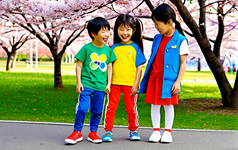 Benetton Kids - Colorful Playtime**

A group of diverse Japanese children (ages 4-8) playing happily in a park on a sunny day. They are all fully clothed in bright, colorful Benetton Kids outfits – think vibrant reds, yellows, and blues. Clothes are appropriate for active play: t-shirts, shorts, leggings, and comfortable sneakers. The background is a typical Japanese park with cherry blossom trees in bloom. Capture the joyful energy of childhood. "safe for work", "appropriate content", "fully clothed", "family-friendly", perfect anatomy, natural proportions, professional children's fashion photography, high quality, vibrant colors.

**