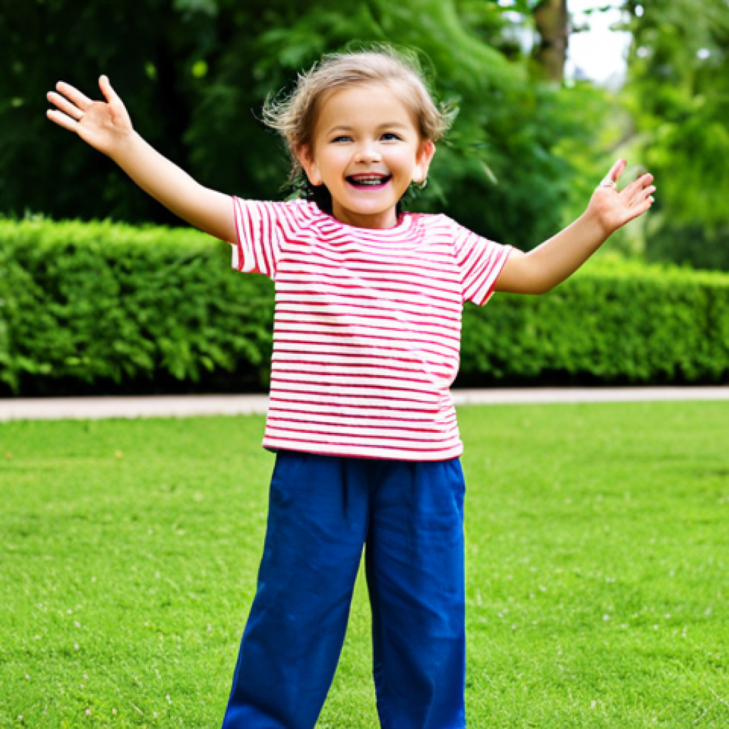 **

A young child, fully clothed in a stylish and comfortable outfit from MARKEY'S, playing in a bright and cheerful park. The child is wearing a simple, yet playfully designed t-shirt and durable pants. Background includes other children playing and lush greenery. Safe for work, appropriate content, professional, modest, perfect anatomy, correct proportions, natural pose, well-formed hands, proper finger count, natural body proportions.

**