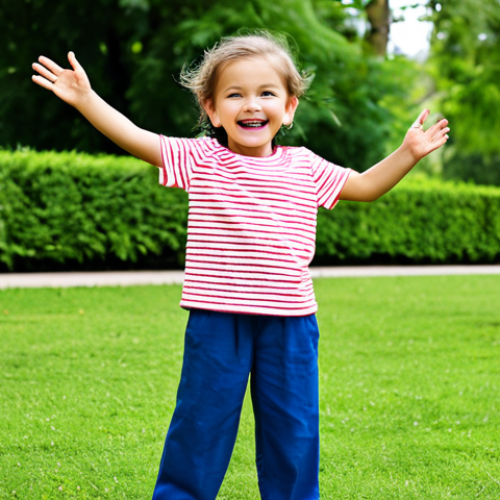 **

A young child, fully clothed in a stylish and comfortable outfit from MARKEY'S, playing in a bright and cheerful park. The child is wearing a simple, yet playfully designed t-shirt and durable pants. Background includes other children playing and lush greenery. Safe for work, appropriate content, professional, modest, perfect anatomy, correct proportions, natural pose, well-formed hands, proper finger count, natural body proportions.

**
