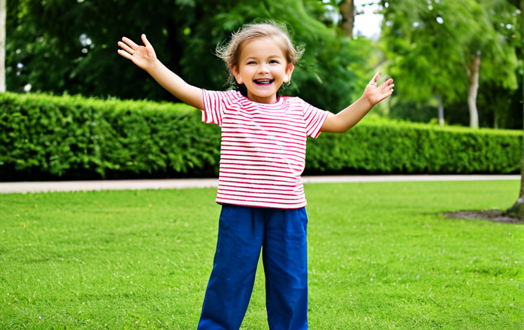 **

A young child, fully clothed in a stylish and comfortable outfit from MARKEY'S, playing in a bright and cheerful park. The child is wearing a simple, yet playfully designed t-shirt and durable pants. Background includes other children playing and lush greenery. Safe for work, appropriate content, professional, modest, perfect anatomy, correct proportions, natural pose, well-formed hands, proper finger count, natural body proportions.

**