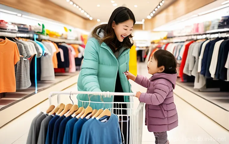 아동복 세일 기간 정리 - **Prompt:** A cheerful young Japanese mother and her toddler daughter are joyfully browsing children...