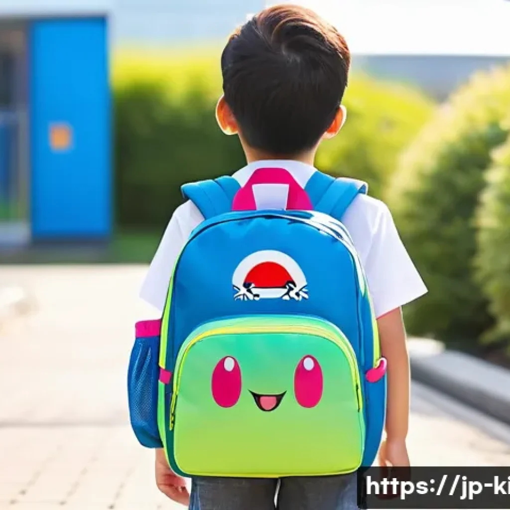 아동용 캐릭터 가방 브랜드 - A cheerful Japanese elementary school child wearing colorful, lightweight nylon backpack adorned wit...
