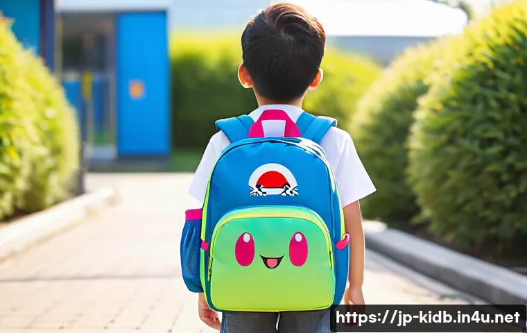 아동용 캐릭터 가방 브랜드 - A cheerful Japanese elementary school child wearing colorful, lightweight nylon backpack adorned wit...