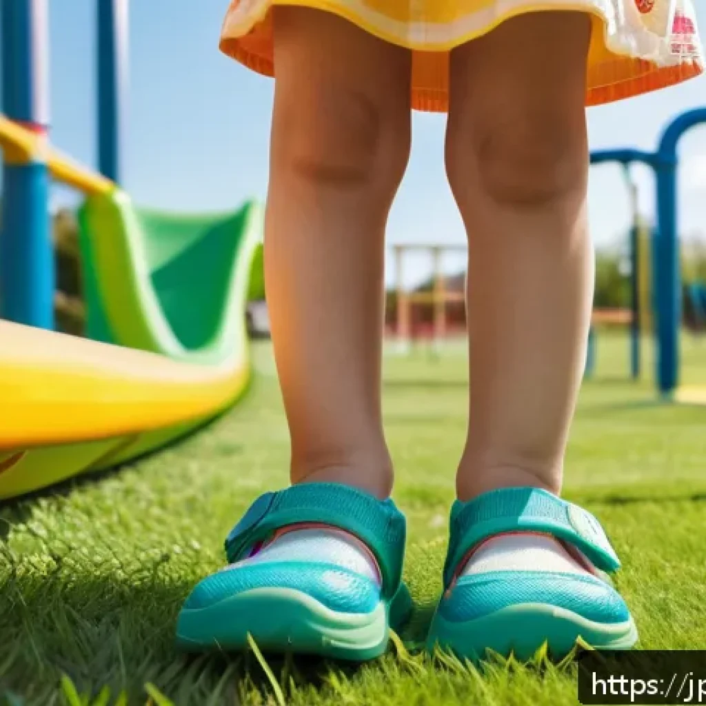 키즈용 여름 샌들 브랜드 - A cheerful Japanese child wearing breathable mesh sandals with adjustable Velcro straps, standing on...