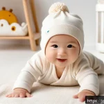 오가닉맘과 해피랜드 제품 비교 - A gentle and cozy baby nursery scene featuring a smiling infant wearing a soft organic cotton onesie...