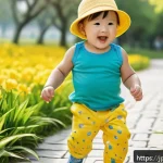 리틀그라운드와 해피랜드 제품 비교 - A cheerful toddler wearing Little Ground&rsquo;s colorful, playful outfit featuring a bright yellow top an...