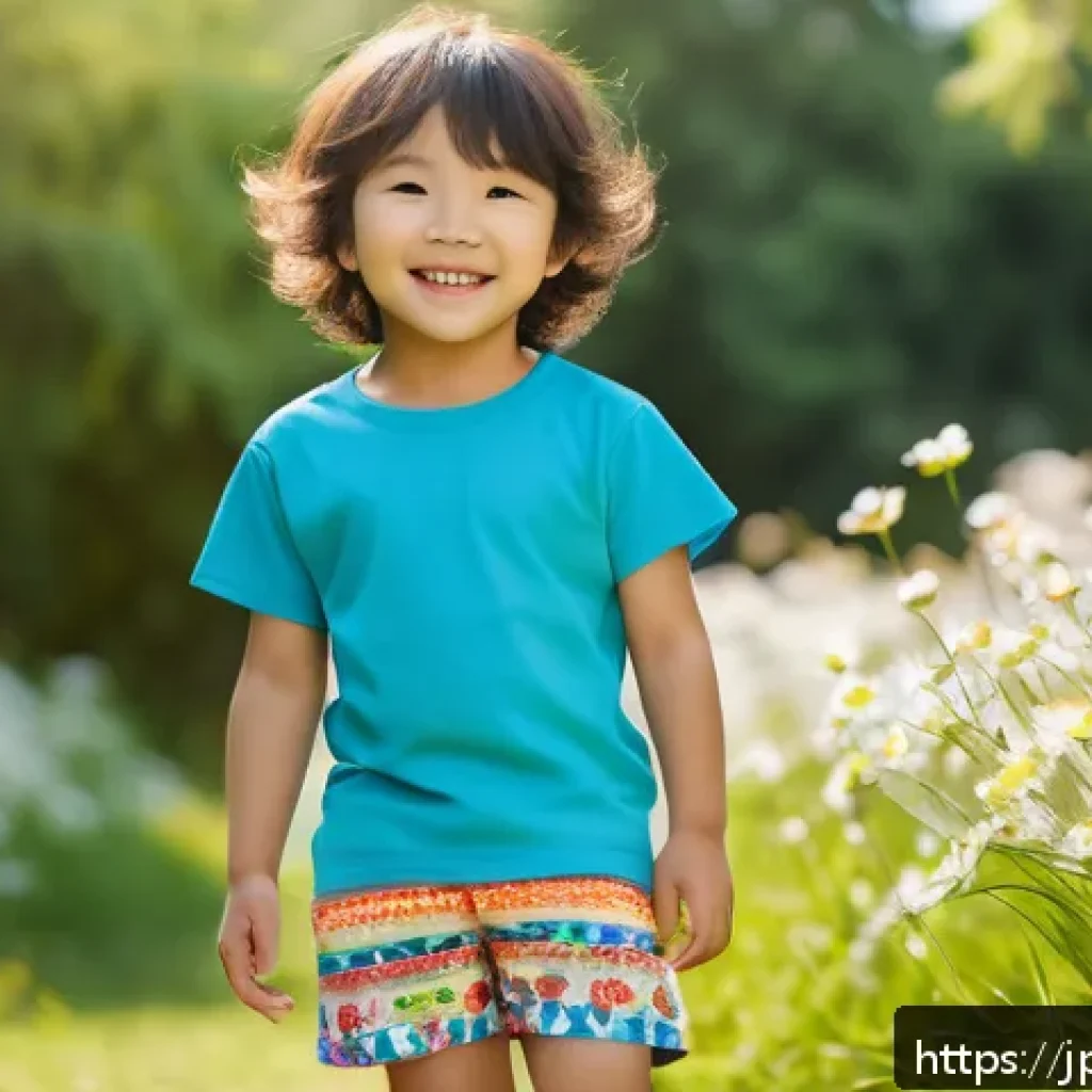 키즈 패션브랜드 신제품 - A lively spring-summer scene featuring a young child wearing colorful kids&rsquo; clothing with bright pas...