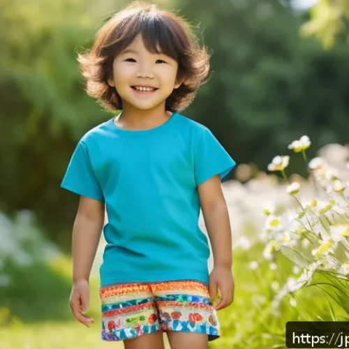 키즈 패션브랜드 신제품 - A lively spring-summer scene featuring a young child wearing colorful kids&rsquo; clothing with bright pas...