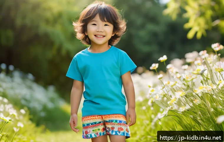 키즈 패션브랜드 신제품 - A lively spring-summer scene featuring a young child wearing colorful kids&rsquo; clothing with bright pas...