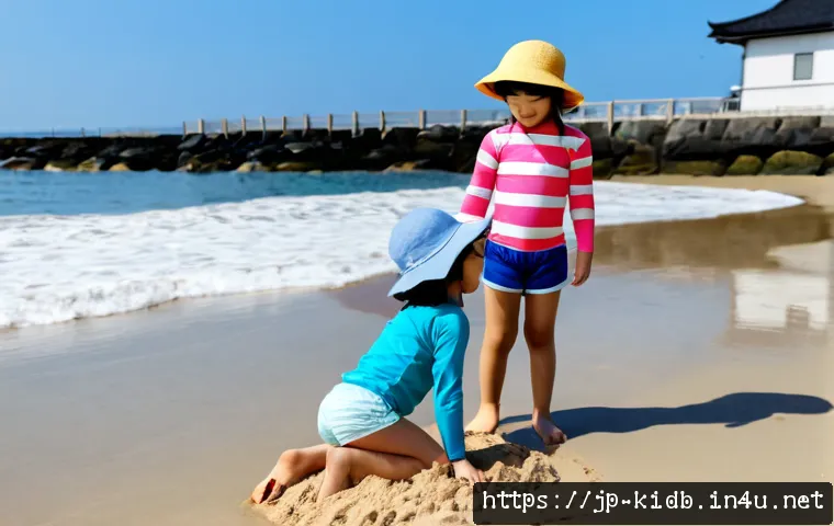 키즈용 비치웨어 브랜드 - Photorealistic family beach scene in Japan, two cheerful children wearing colorful long-sleeve rash ...