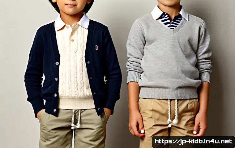 타미힐피거 키즈와 폴로키즈 비교 - Photorealistic side-by-side comparison of two children’s premium casual outfits on simple wooden han...
