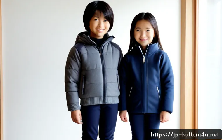 아동용 겨울 레깅스 브랜드 - Photorealistic winter children’s clothing comparison scene, two elementary-age children wearing full...