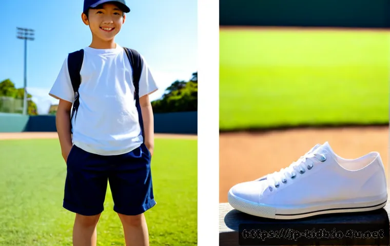 MLB키즈 여름 캐주얼 스타일 - Photorealistic summer lifestyle fashion scene, cheerful elementary-school-aged boy wearing a plain n...