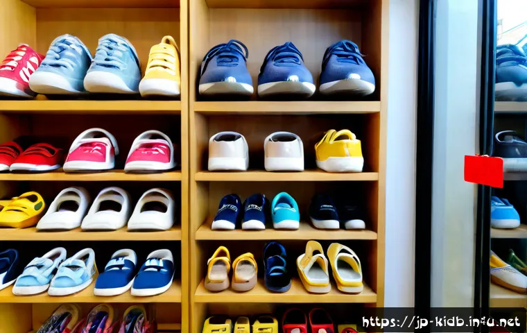 아동용 신발 브랜드 세일 - Photorealistic children’s shoe sale display in a bright Japanese-style family footwear store, colorf...